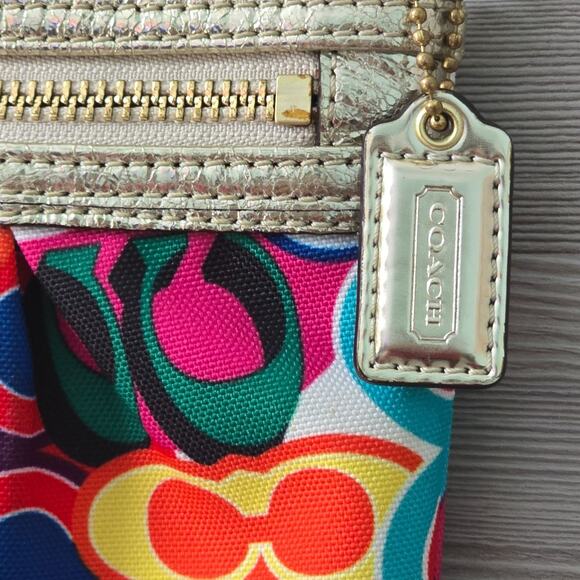 Coach Poppy Glam Op Art Colorful Wristlet Purse Clutch Metallic Gold - Picture 12 of 16